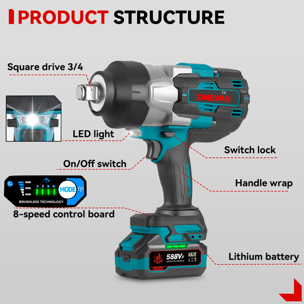 Torque Wrench - 1000W Electric Impact Wrench Cordless Brushless